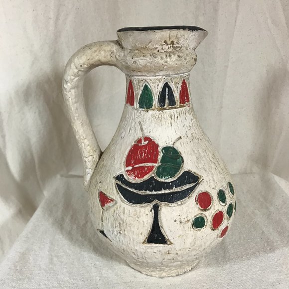 Vintage stoneware pottery pitcher etched Rustic